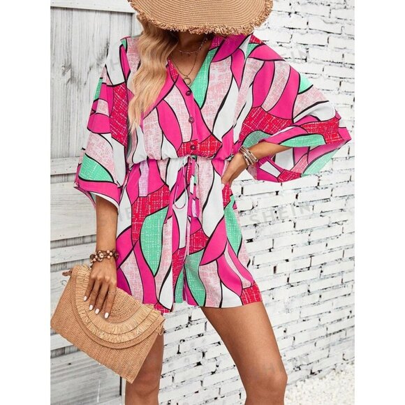 SHEIN VCAY Allover Print Batwing Sleeve Knot Front Romper Size S - Picture 4 of 9